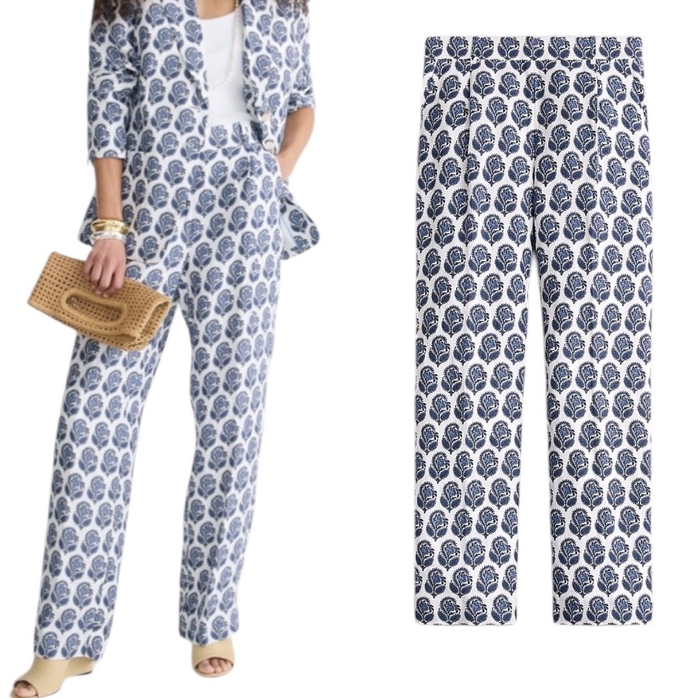 NWT J. Crew Straight Leg Essential Pant in Blue White Bouquet Block Print - 10